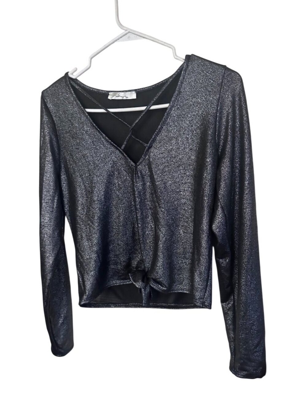 Gaya silver shimmering top criss cross v-neck and tie bottom size M